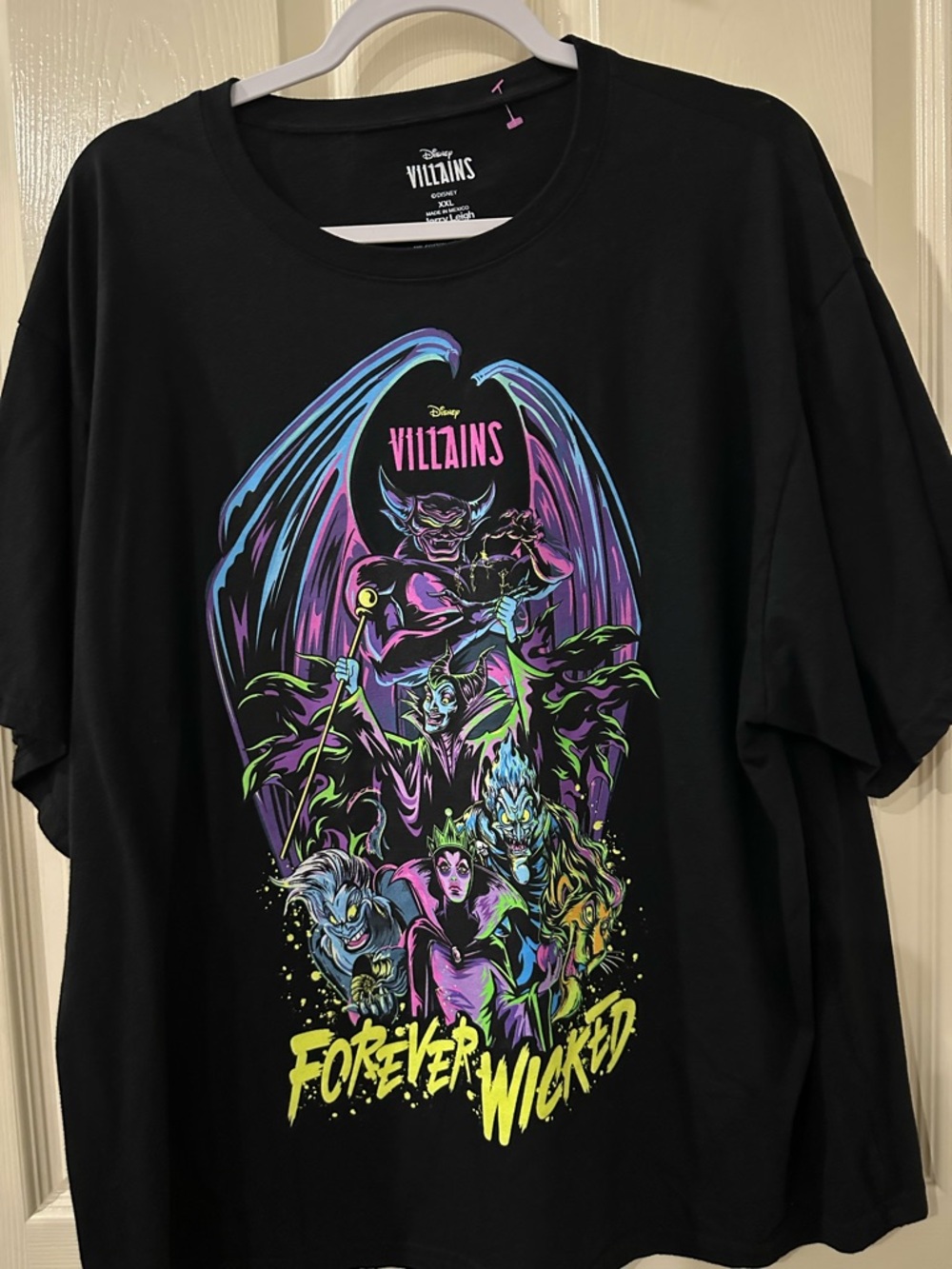 Disney Villains Forever Wicked Collectable Black Tee Neon Blue, Pink, Purple